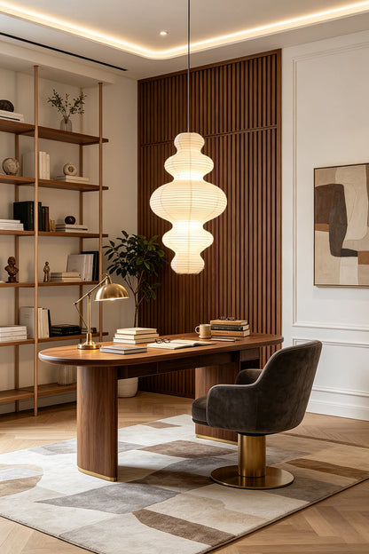 Isolde Stacked Paper Pendant Lamp | Textured Ribbed Paper | Hanging over a sleek wooden desk in a contemporary home office with bookshelves | vexa lamps