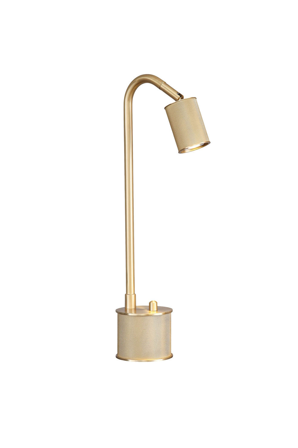 Ivor Knurled Brass Task Table Lamp | Knurled Brass and Metal | Front full view on a pure white background, illuminated | vexa lamps