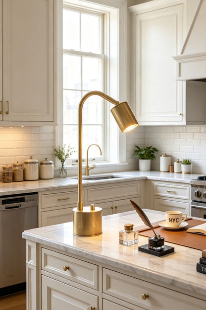 Ivor Knurled Brass Task Table Lamp | Knurled Brass and Metal | Displayed on a white marble kitchen island counter | vexa lamps