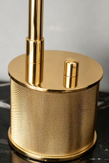 Ivor Knurled Brass Task Table Lamp | Knurled Brass and Metal | Macro close-up of the knurled textured brass cylindrical base and switch | vexa lamps