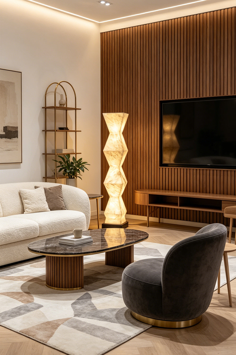 Kellan Geometric Alabaster Floor Lamp | Alabaster, Metal | Providing a cozy ambient glow in a contemporary chic living room next to a slatted wood TV accent wall and cream sofa | vexa lamps