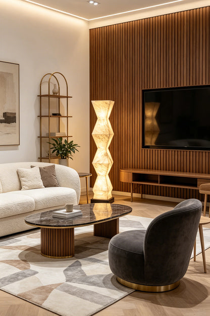 Kellan Geometric Alabaster Floor Lamp | Alabaster, Metal | Providing a cozy ambient glow in a contemporary chic living room next to a slatted wood TV accent wall and cream sofa | vexa lamps