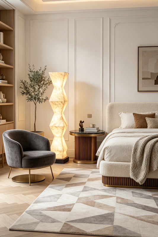 Kellan Geometric Alabaster Floor Lamp | Alabaster, Metal | Standing as luxurious ambient corner lighting in an elegant bedroom next to a plush bed and velvet accent chair | vexa lamps