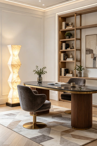 Kellan Geometric Alabaster Floor Lamp | Alabaster, Metal | Positioned as an artistic statement light in a contemporary home office next to a fluted wooden desk and bookshelves | vexa lamps