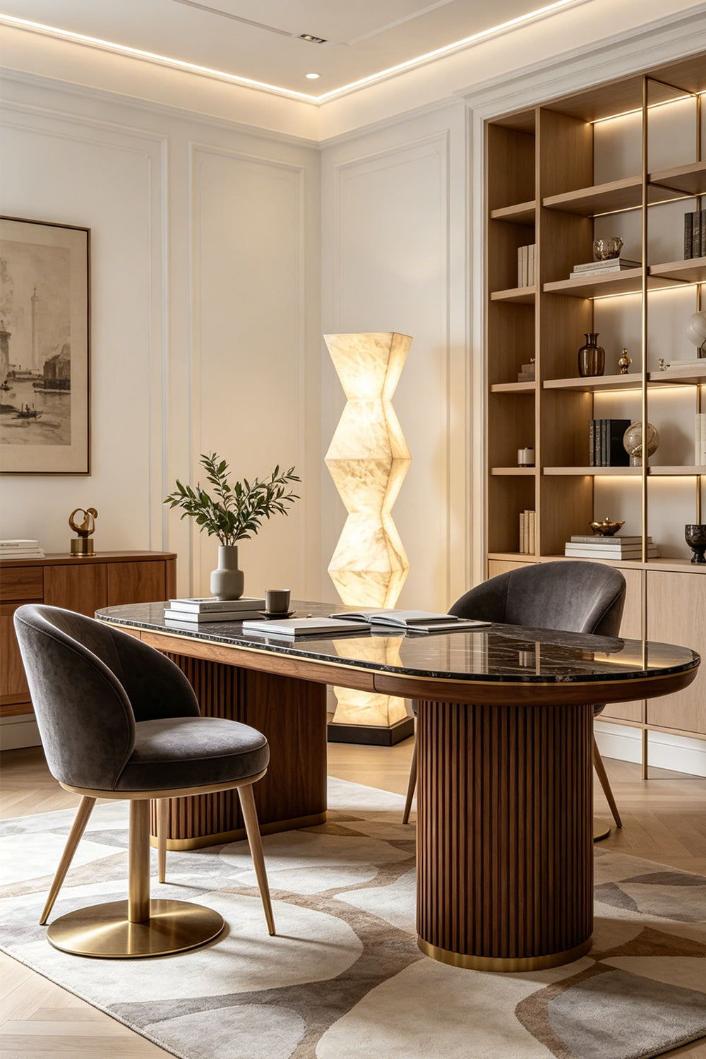 Kellan Geometric Alabaster Floor Lamp | Alabaster, Metal | Placed next to an elegant executive writing desk in a minimalist home workspace, radiating warm architectural light | vexa lamps