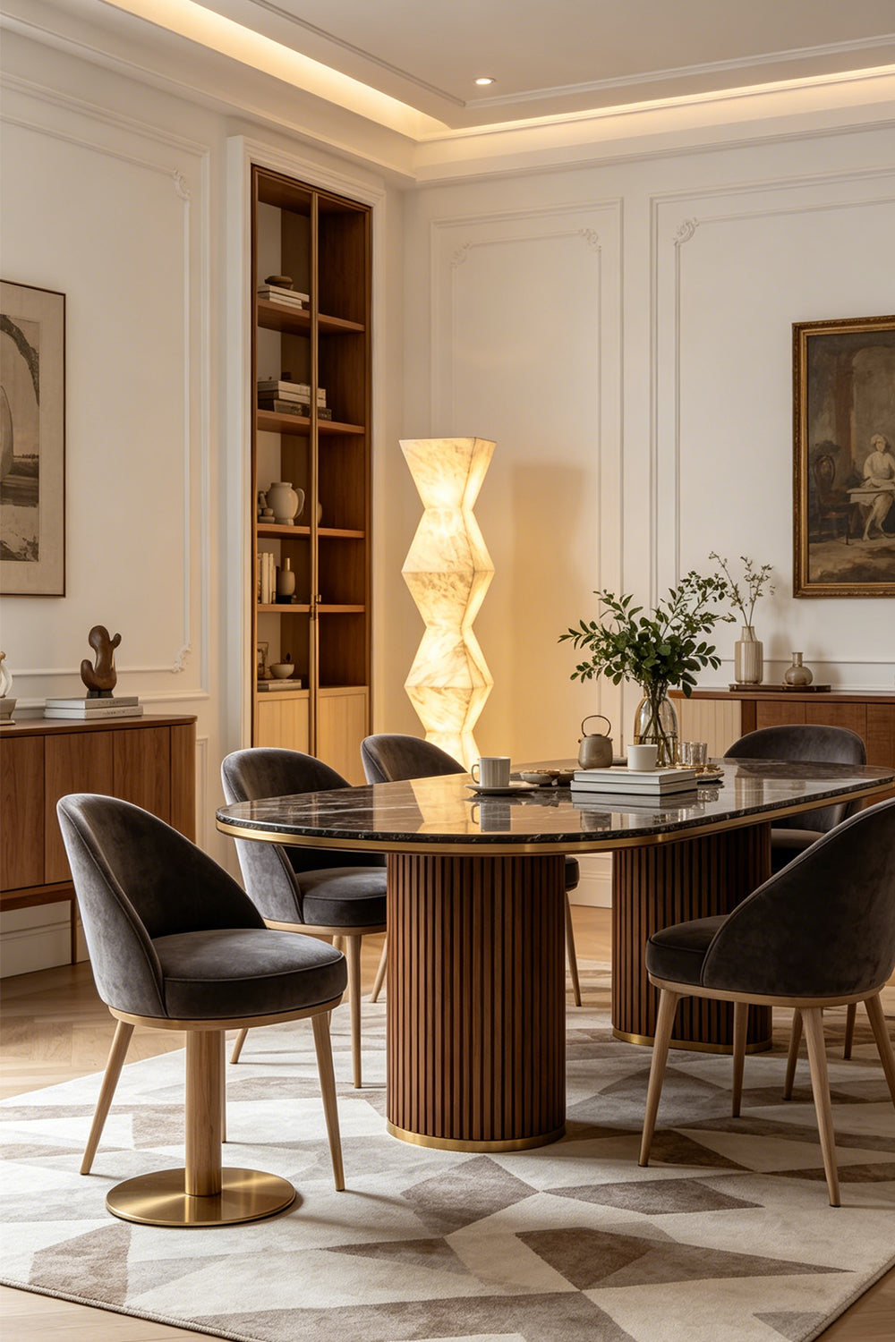 Kellan Geometric Alabaster Floor Lamp | Alabaster, Metal | Casting a warm golden illumination in a sophisticated dining room next to a large oval wood dining table and plush chairs | vexa lamps
