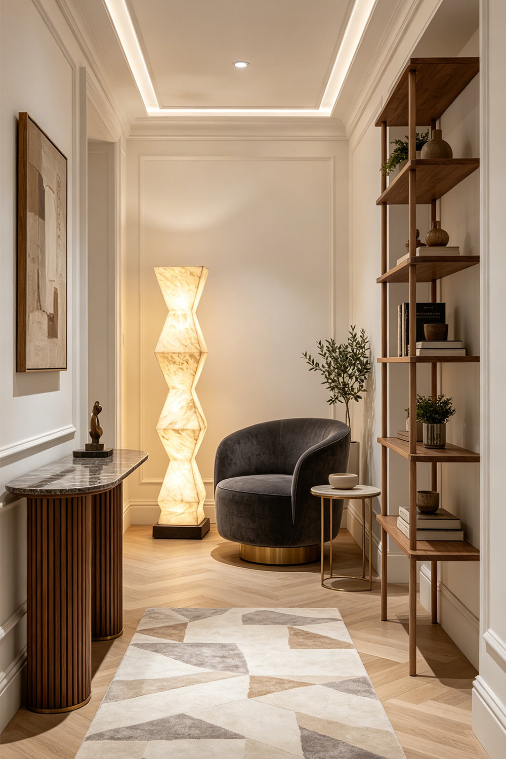 Kellan Geometric Alabaster Floor Lamp | Alabaster, Metal | Illuminating a sleek modern hallway corridor, casting a welcoming translucent stone glow next to a console table | vexa lamps
