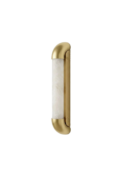 Kester Alabaster Tube Wall Sconce featuring a natural alabaster shade and curved metal frame.