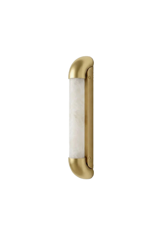 Kester Alabaster Tube Wall Sconce featuring a natural alabaster shade and curved metal frame.