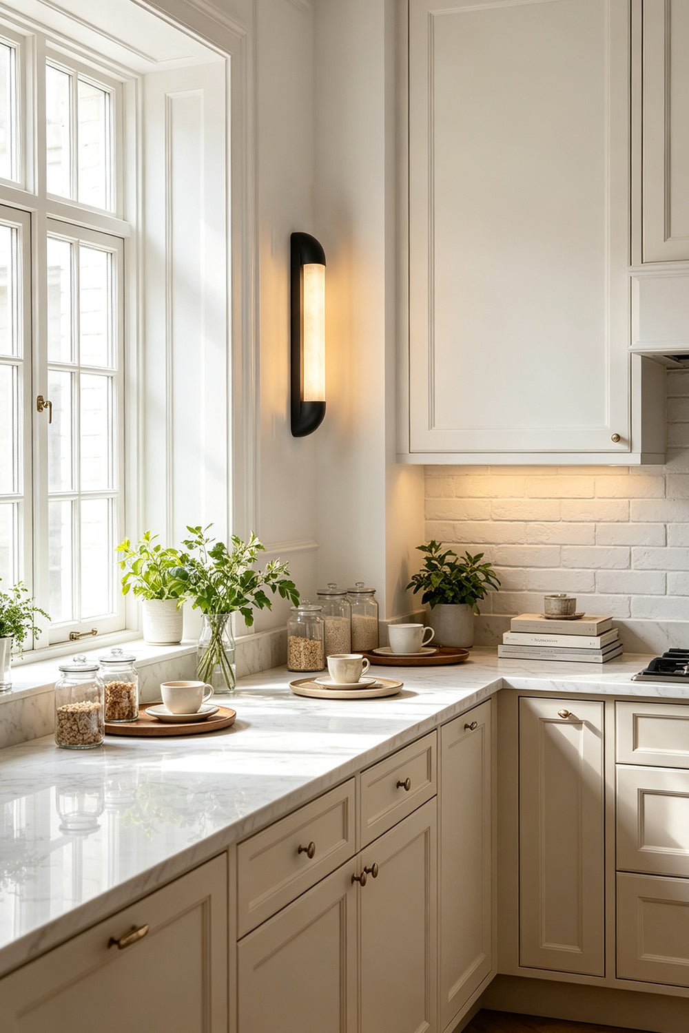 Kester Alabaster Tube Wall Sconce illuminating a modern kitchen with white cabinetry and natural light from the window.