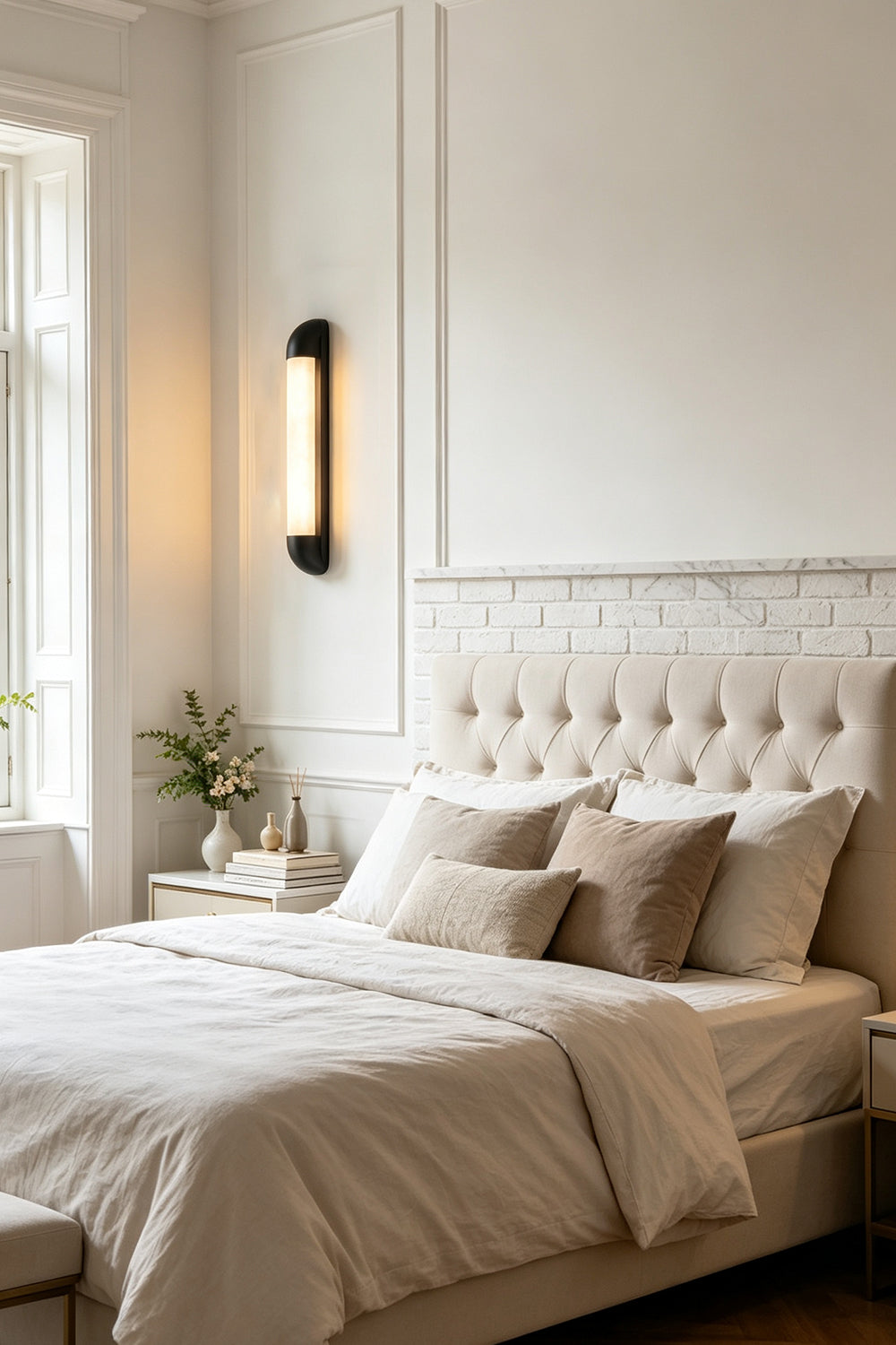 Kester Alabaster Tube Wall Sconce illuminating a stylish bedroom with modern decor and soft neutral tones.