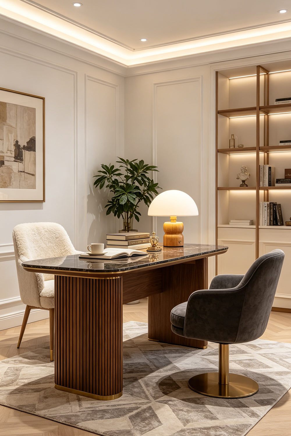 Kira Sculpted Mushroom Table Lamp | Wood, Glass | Positioned as a stylish task light on a fluted wood executive writing desk in a bright minimalist office space | vexa lamps