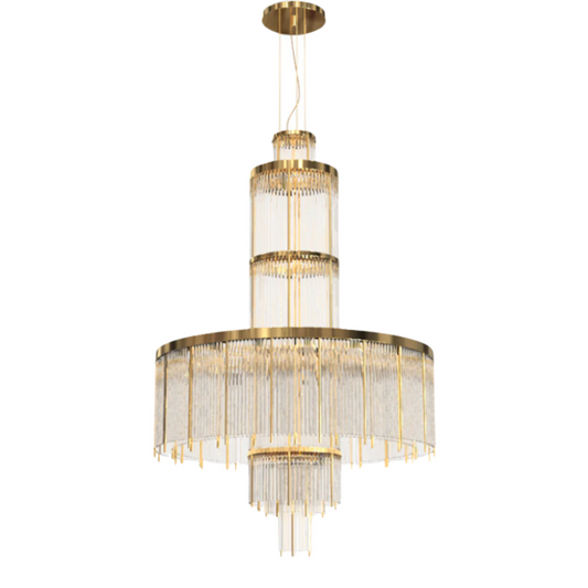 Modern Multi-layered Glass&Metal Rods Chandelier for High-ceiling
