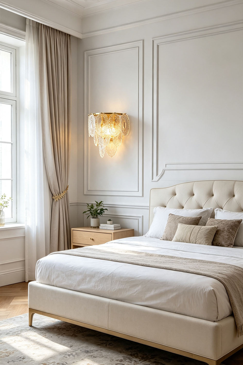 Lavinia Pressed Glass Tier Wall Sconce | Pressed Glass and Brass | Displayed on a wall beside a comfortable bed in a bright bedroom | vexa lamps