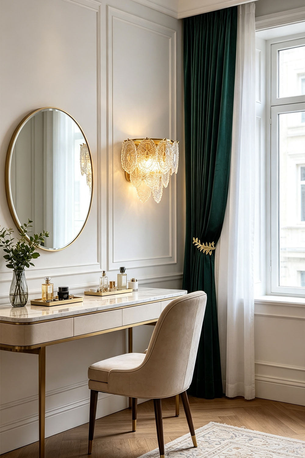 Lavinia Pressed Glass Tier Wall Sconce | Pressed Glass and Brass | Mounted on a wall beside a round mirror over a vanity dressing table | vexa lamps