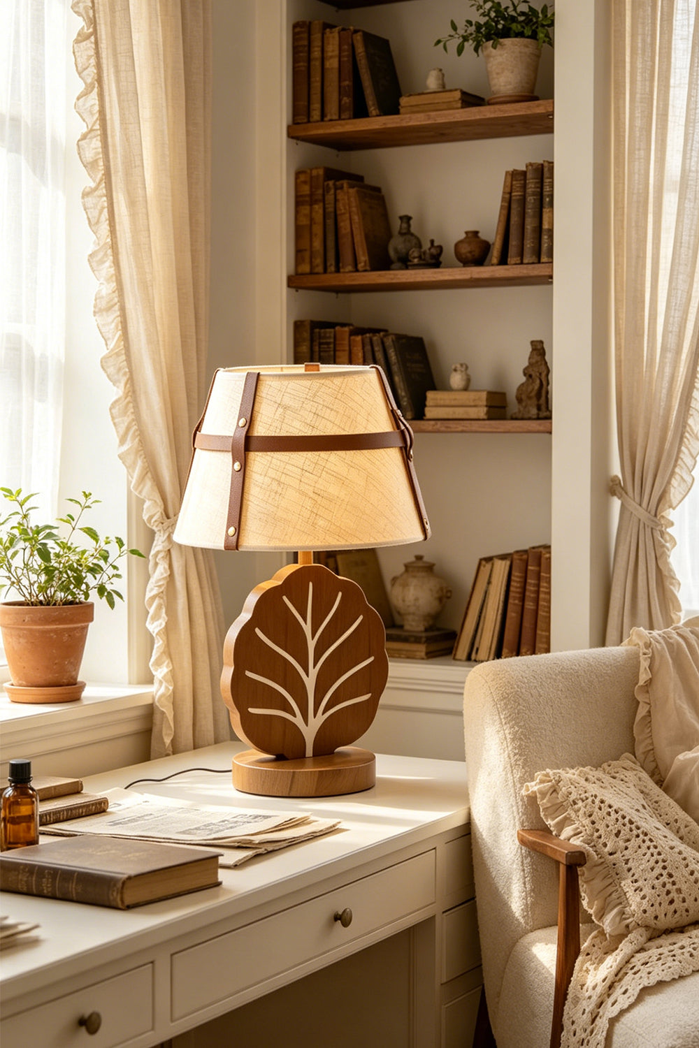 Leafora Botanical Leaf Table Light | Wood, Fabric, Leather | Positioned as a charming reading lamp on a white wooden writing desk in a rustic home library setup with bookshelves | vexa lamps