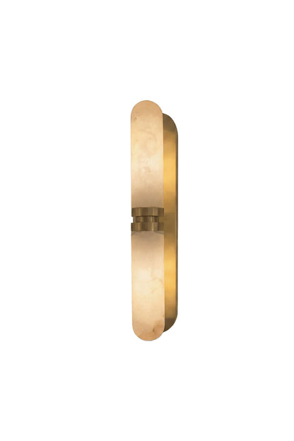 Linea Alabaster Capsule Wall Sconce | Alabaster, Brass | Side isolated view of a modern vertical capsule-shaped wall sconce featuring a smooth natural white alabaster stone shade on a brushed gold brass backing | White background | vexa lamps
