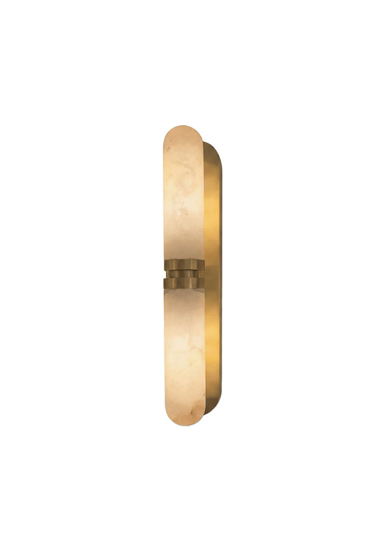 Linea Alabaster Capsule Wall Sconce | Alabaster, Brass | Side isolated view of a modern vertical capsule-shaped wall sconce featuring a smooth natural white alabaster stone shade on a brushed gold brass backing | White background | vexa lamps