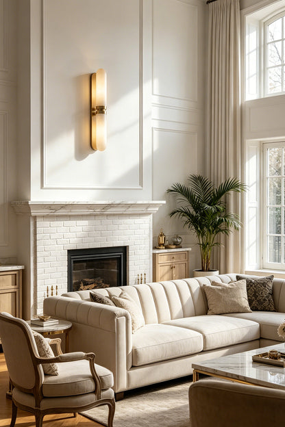 Linea Alabaster Capsule Wall Sconce | Alabaster, Brass | Installed as an elegant wall accent lamp next to a classical fireplace mantle in a bright luxury living room | vexa lamps