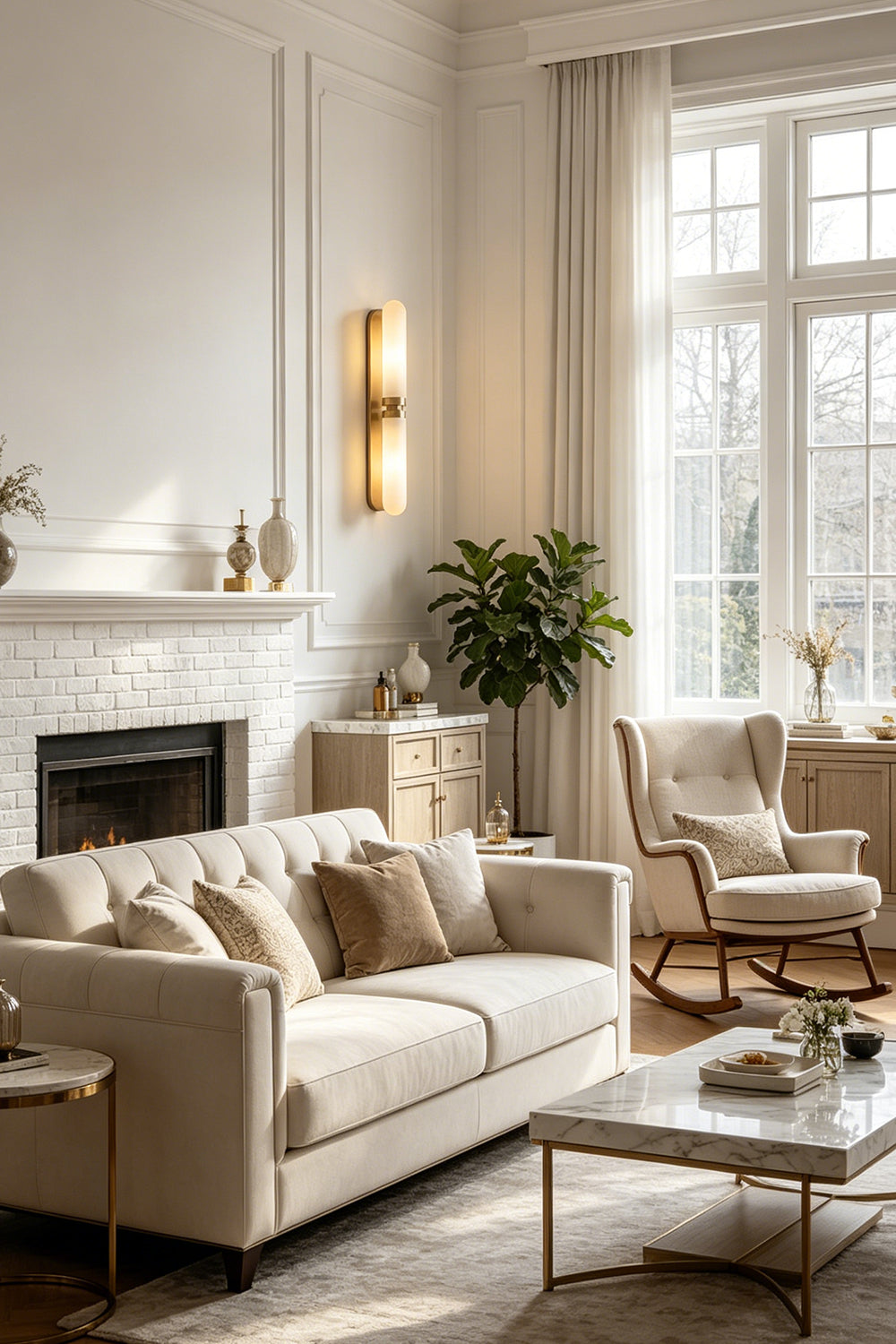 Linea Alabaster Capsule Wall Sconce | Alabaster, Brass | Staged interior view showing a pair of lit vertical alabaster sconces balancing a living room layout with a cream sofa and fireplace | vexa lamps