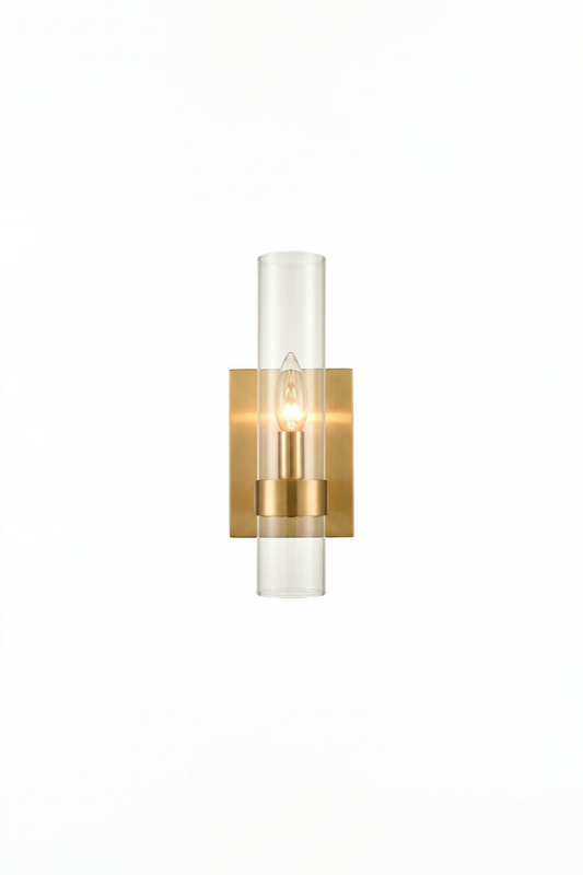 Lit linear brass and glass wall sconce | Brass, Glass | Front view isolated on white background | vexa lamps