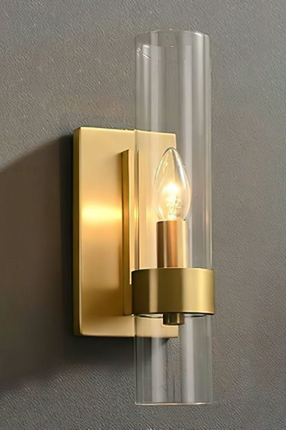 Linear metallic brass wall sconce | Brass, Glass | Angled product view on grey background | vexa lamps