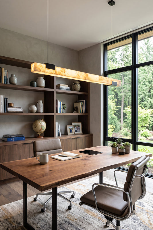 Liora Linear Alabaster Pendant Light | Natural Alabaster and Black Metal | Hanging above a long wooden desk with an office chair in a bright contemporary study room | vexa lamps