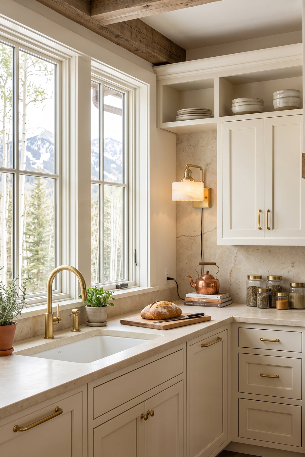 Liora Scalloped Alabaster Wall Sconce | Natural Alabaster and Brushed Brass | Fixed on a bright kitchen wall providing ambient light above white cabinets and a window counter | vexa lamps
