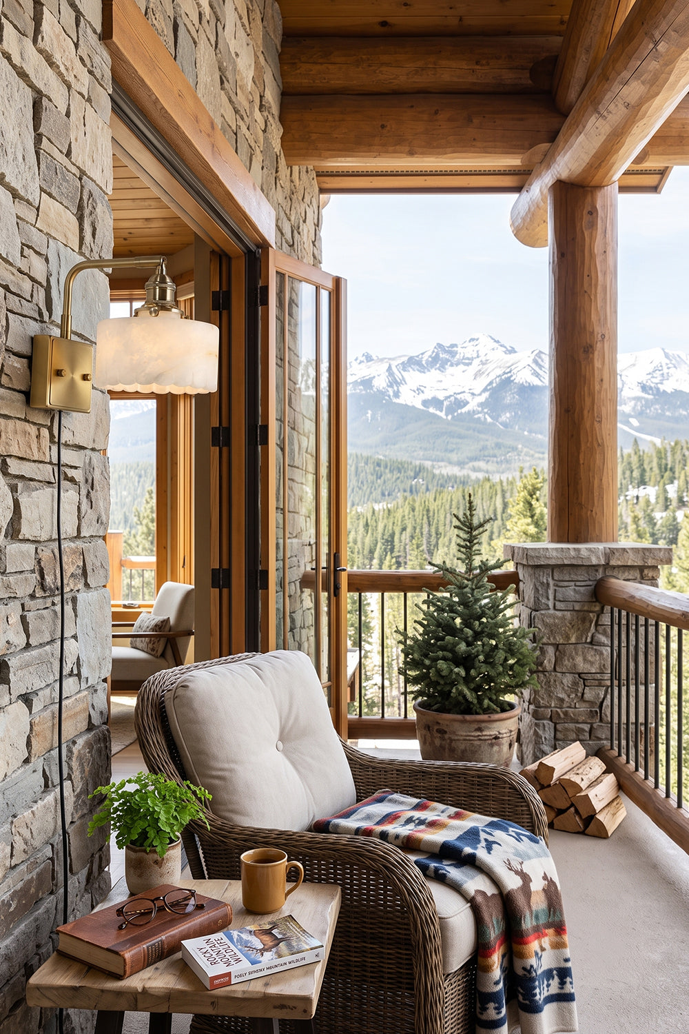 Liora Scalloped Alabaster Wall Sconce | Natural Alabaster and Brushed Brass | Installed on a stone accent wall of a log cabin balcony next to a cozy lounge chair overlooking mountains | vexa lamps