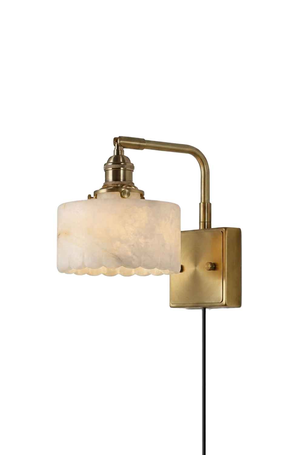Liora Scalloped Alabaster Wall Sconce | Natural Alabaster and Brushed Brass | Full studio front shot on a white background showing the curved brass arm, plug-in cord, and lit scalloped stone shade | vexa lamps