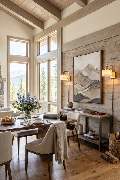 Liora Scalloped Alabaster Wall Sconce | Natural Alabaster and Brushed Brass | Positioned in a rustic modern dining room next to a large mountain painting and wooden table setup | vexa lamps