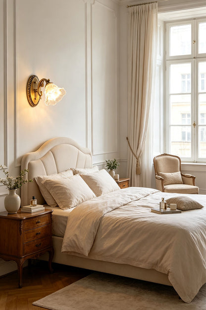 Lisette Blossom Glass Brass Wall Lamp | Glass and Brass | Styled on a bedroom wall beside a comfortable bed and nightstand | vexa lamps