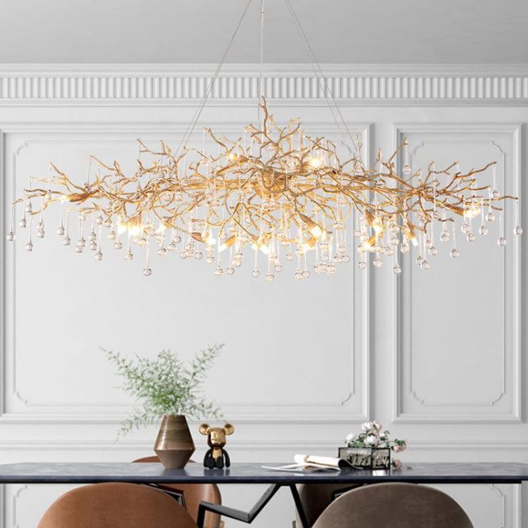 LA Arcadia Clear Teardrop Oval Dining Branch Chandelier, Brass Branch Chandelier