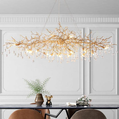 LA Arcadia Clear Teardrop Oval Dining Branch Chandelier, Brass Branch Chandelier