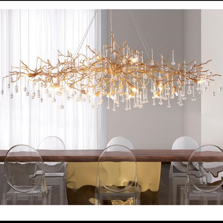 LA Arcadia Clear Teardrop Oval Dining Branch Chandelier, Brass Branch Chandelier