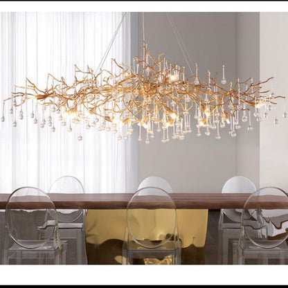 LA Arcadia Clear Teardrop Oval Dining Branch Chandelier, Brass Branch Chandelier