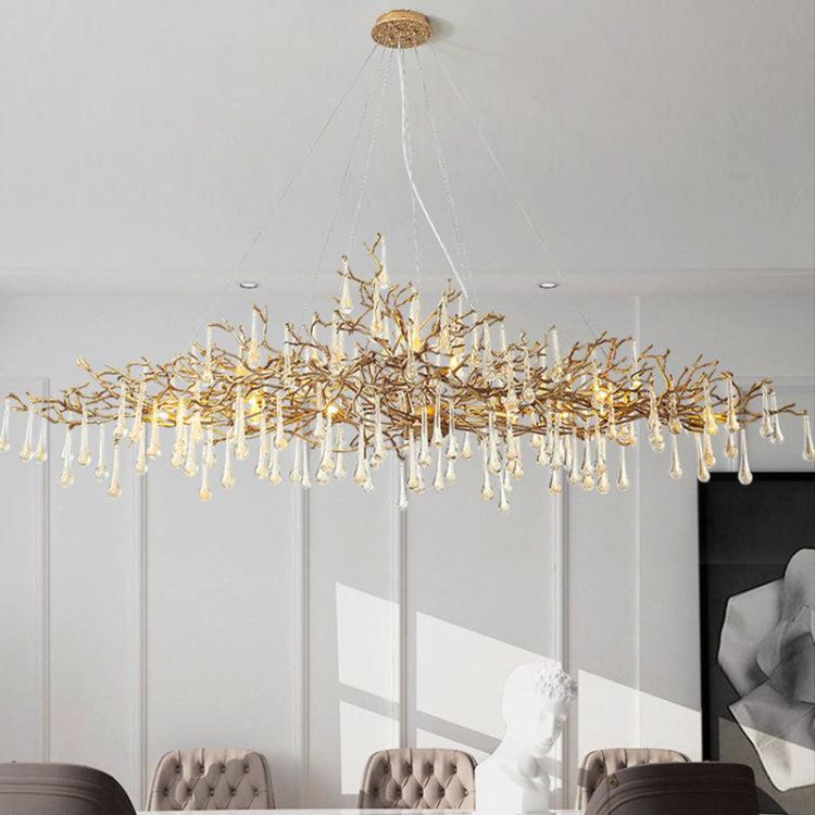 LA Arcadia Clear Teardrop Oval Dining Branch Chandelier, Brass Branch Chandelier