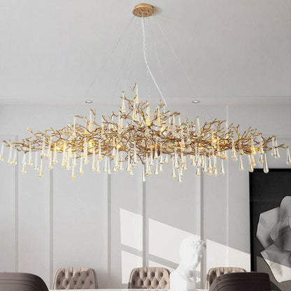LA Arcadia Clear Teardrop Oval Dining Branch Chandelier, Brass Branch Chandelier