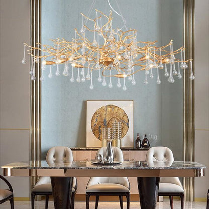LA Arcadia Clear Teardrop Oval Dining Branch Chandelier, Brass Branch Chandelier