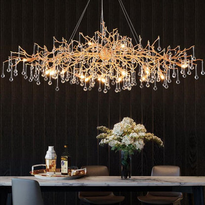 LA Arcadia Clear Teardrop Oval Dining Branch Chandelier, Brass Branch Chandelier