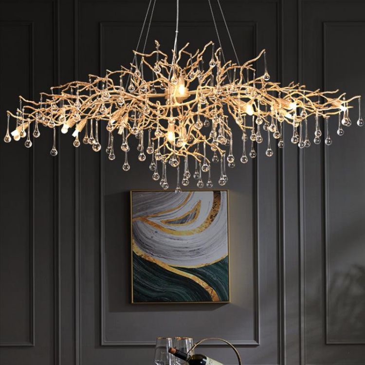 LA Arcadia Clear Teardrop Oval Dining Branch Chandelier, Brass Branch Chandelier