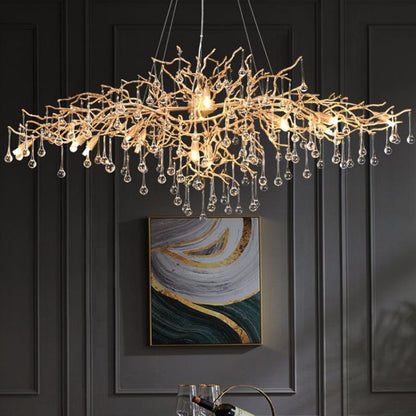 LA Arcadia Clear Teardrop Oval Dining Branch Chandelier, Brass Branch Chandelier