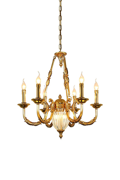 Lucienne Fluted Glass Urn Brass Chandelier with elegant glass and brass detailing, featuring six light fixtures.