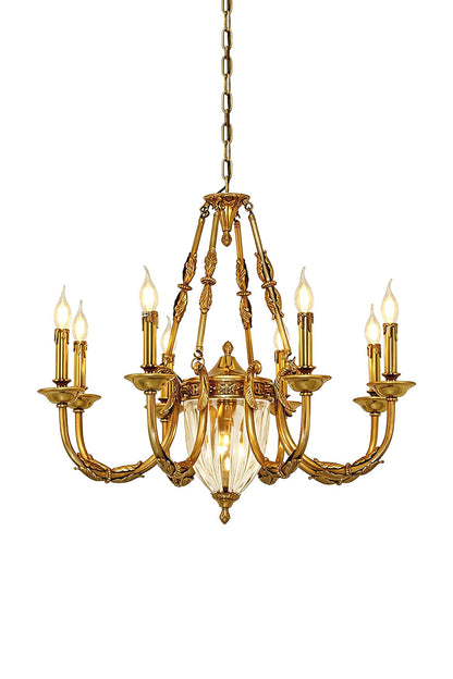 Lucienne Fluted Glass Urn Brass Chandelier featuring elegant gold accents and multiple candle-style lights.