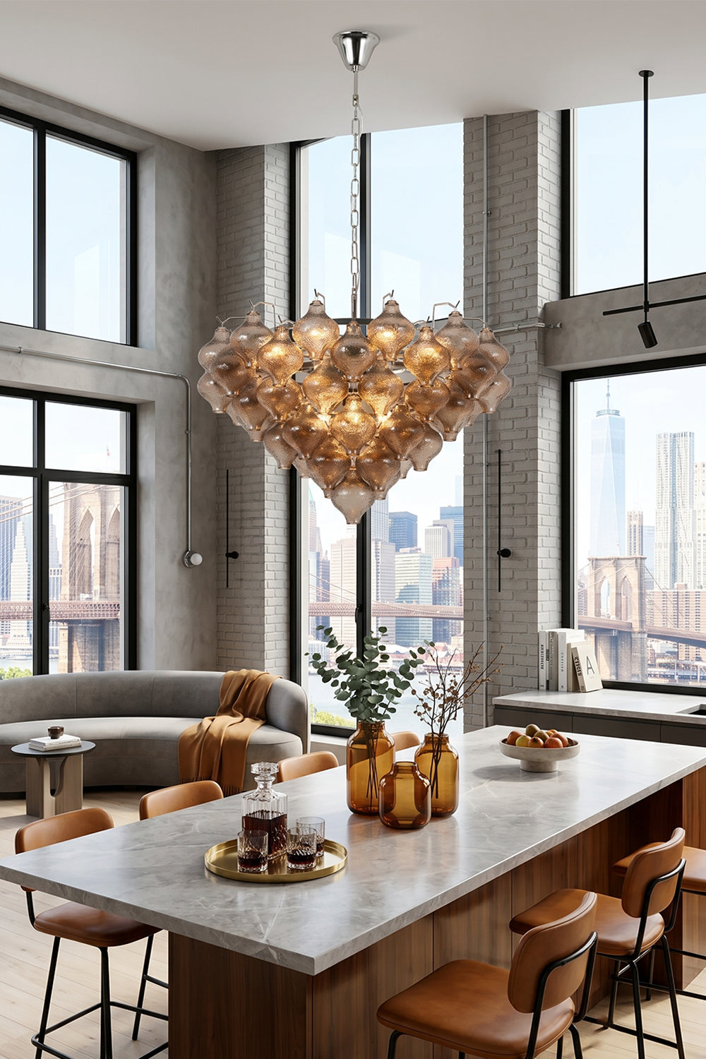 Lucina Tiered Smoked Glass Chandelier hung in a modern dining area, showcasing mid-century Italian glamour and sophistication.
