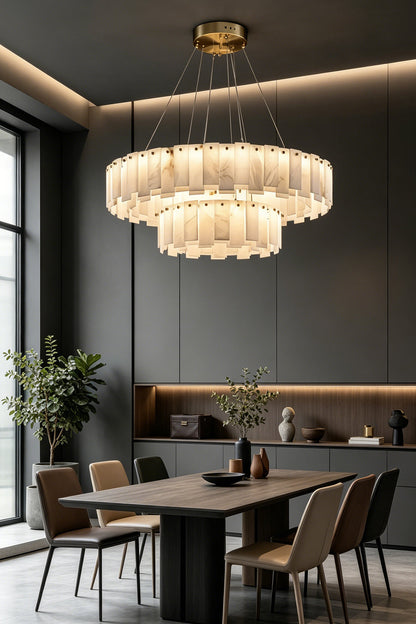 Luminous Alabaster Halcyon Chandelier | Alabaster, Brass | Double-tier fixture over long dining table | vexa lamps