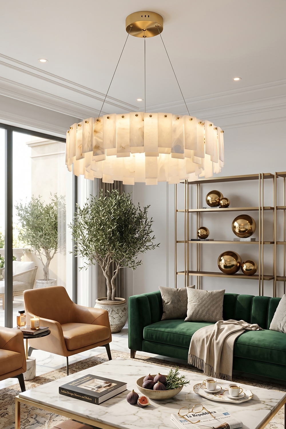 Luminous Alabaster Halcyon Chandelier | Alabaster, Brass | Single-tier pendant in bright living area with green sofa | vexa lamps
