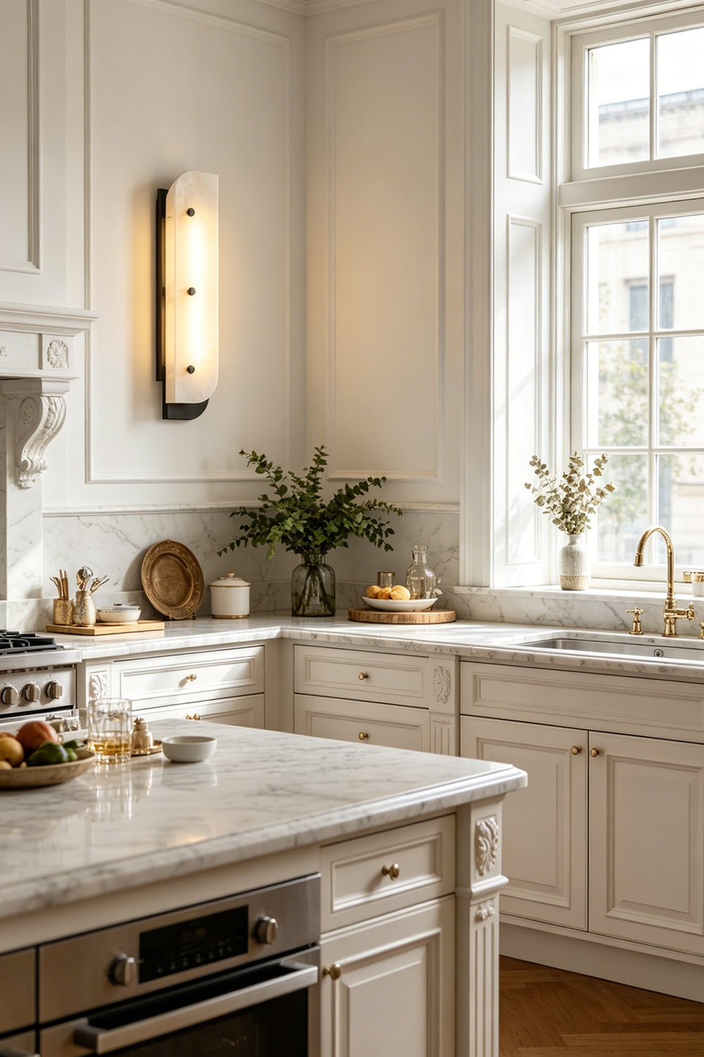Lunar Veil lamp in kitchen | Alabaster, Metal | Sconce above marble counter near window | vexa lamps