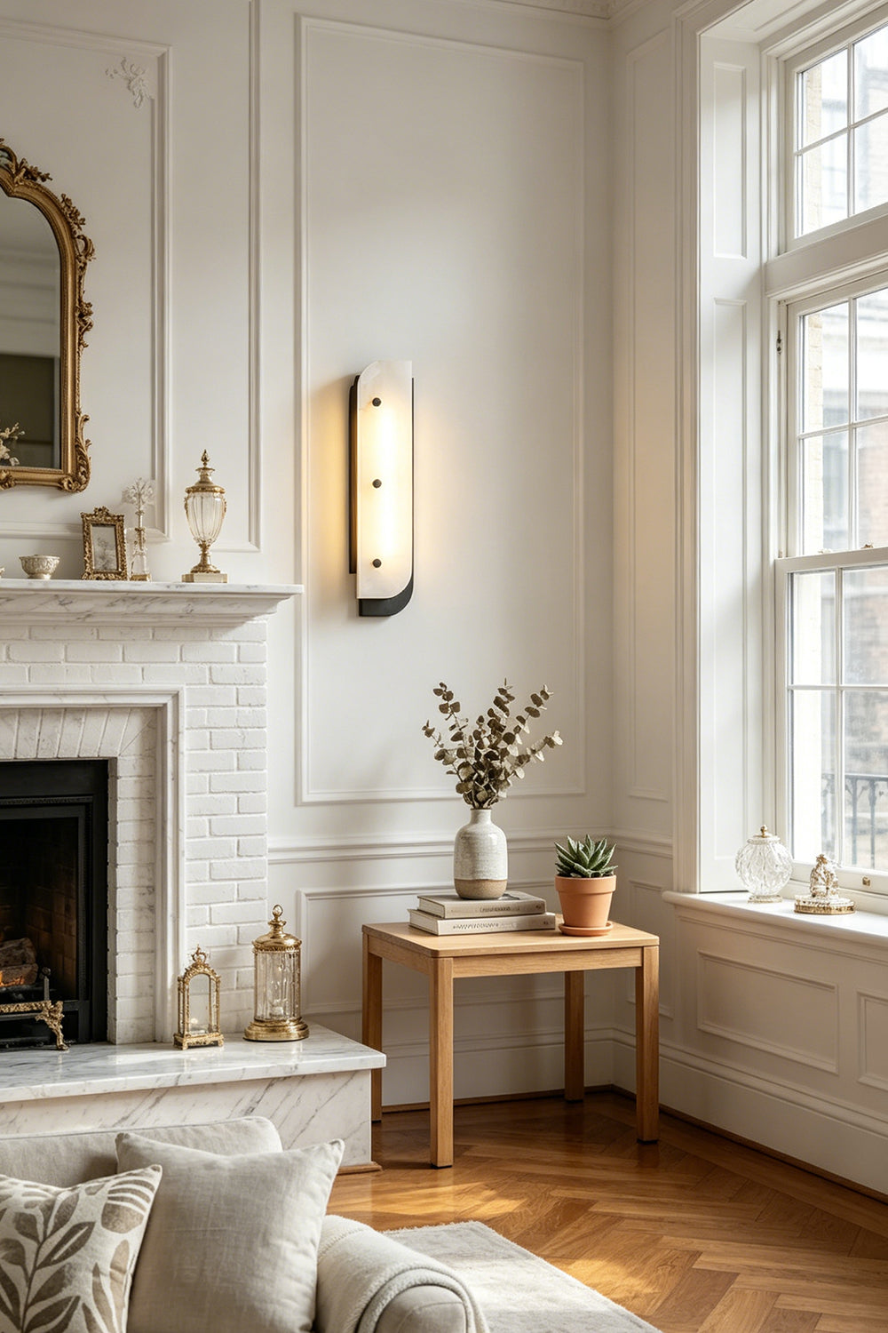 Modern alabaster wall light | Alabaster, Metal | Living room next to fireplace and side table | vexa lamps