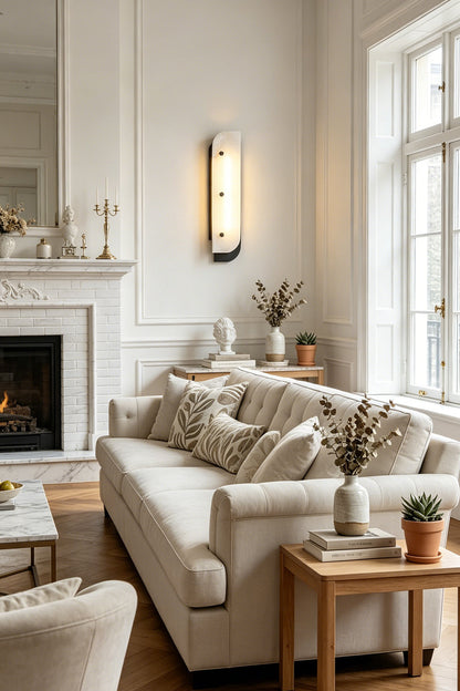 Illuminated alabaster sconce | Alabaster, Metal | Above sofa near fireplace in lounge | vexa lamps